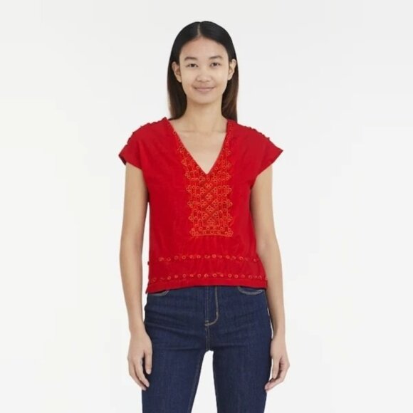 J. Crew Tops - J.Crew Red V-Neck Eyelet Cap Sleeve Embroidered Cotton T-Shirt Blouse Top XS